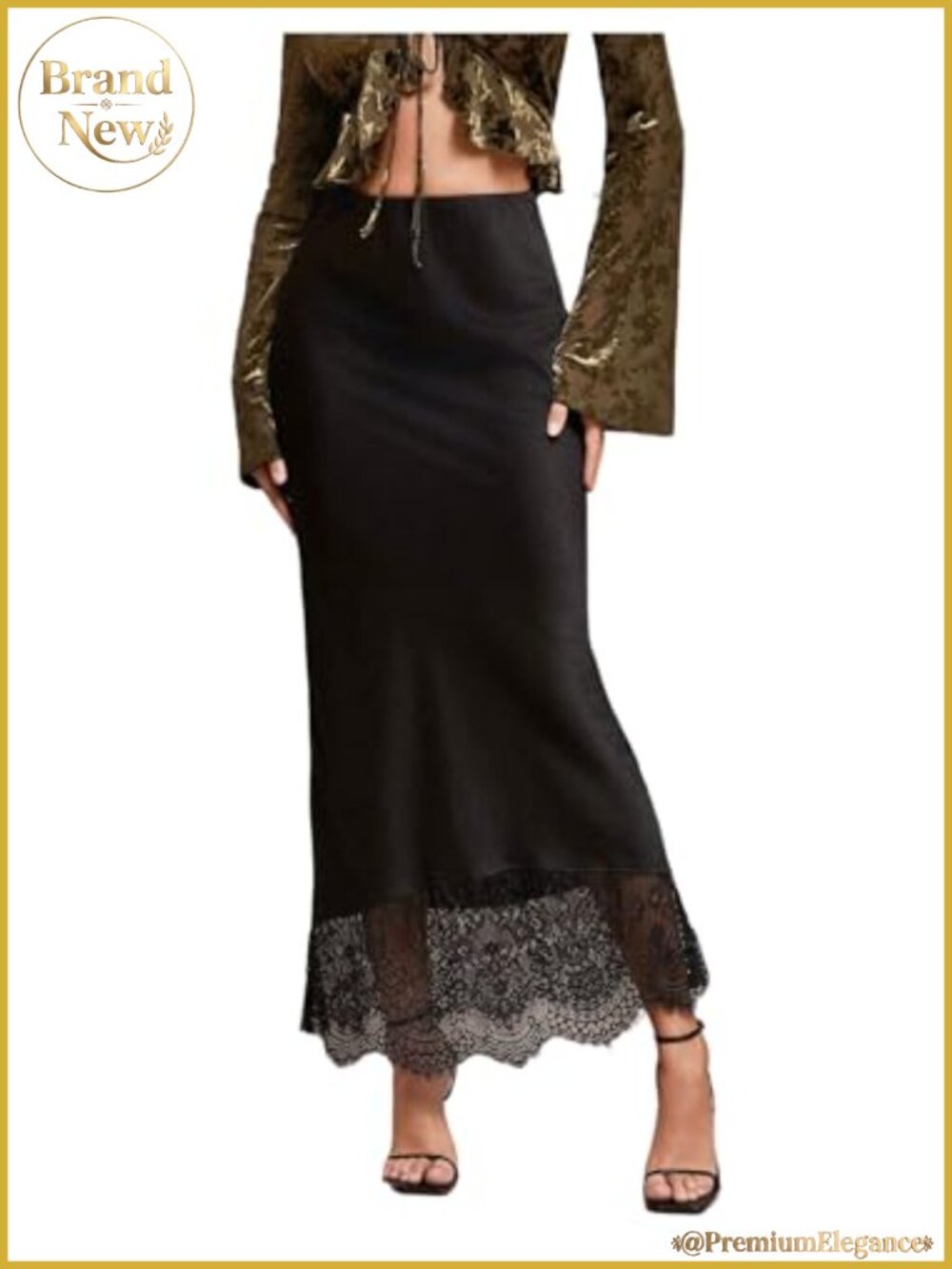 Satin Lace High Waist Maxi Skirt Scallop Trim Fishtail Long Skirt